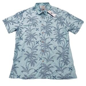 NEW Quicksilver Waterman Short Sleeve Button Up Shirt L Blue Hawaiian Palm Trees
